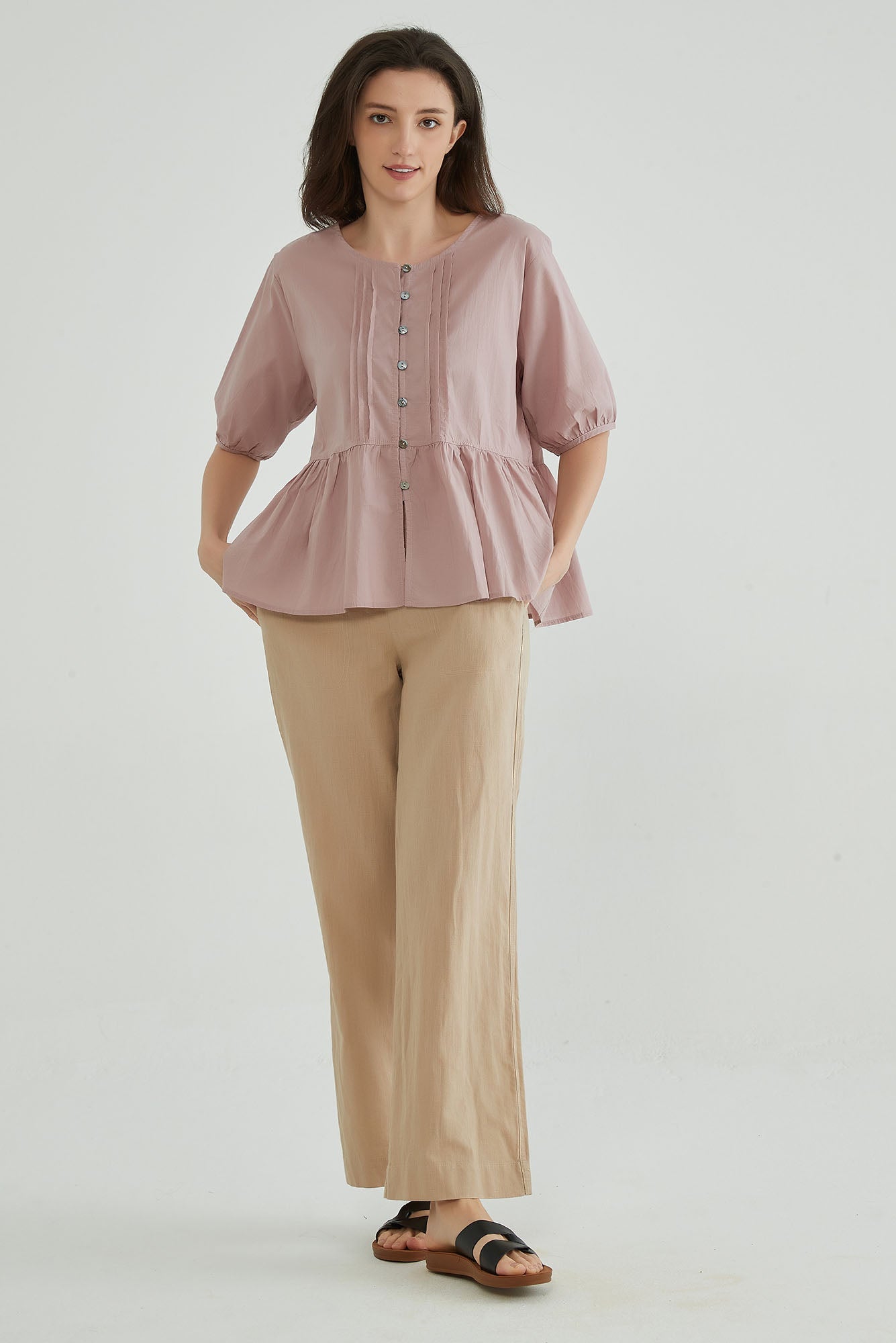 Pink Cotton Linen Crinkle Top - Whisper Mint